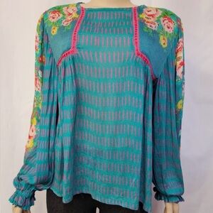 Blank London Anthropologie Miranda Teal Blue Floral Peasant Top Blouse